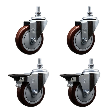 Service Caster 5 Inch Maroon Polyurethane 12 Inch Threaded Stem Caster Set 2 Brakes SCC SCC-TS20S514-PPUB-MRN-121315-2-PLB-2